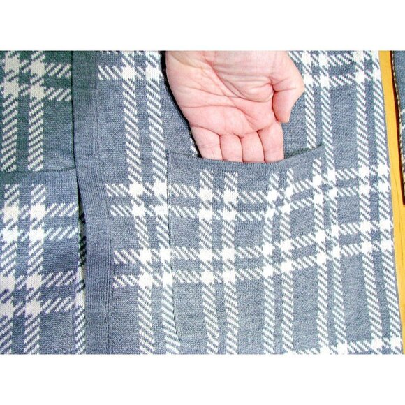 French Connection Womens Long Sweater Gray Pink Plaid Open Cardigan Pockets Sz M - Picture 8 of 9